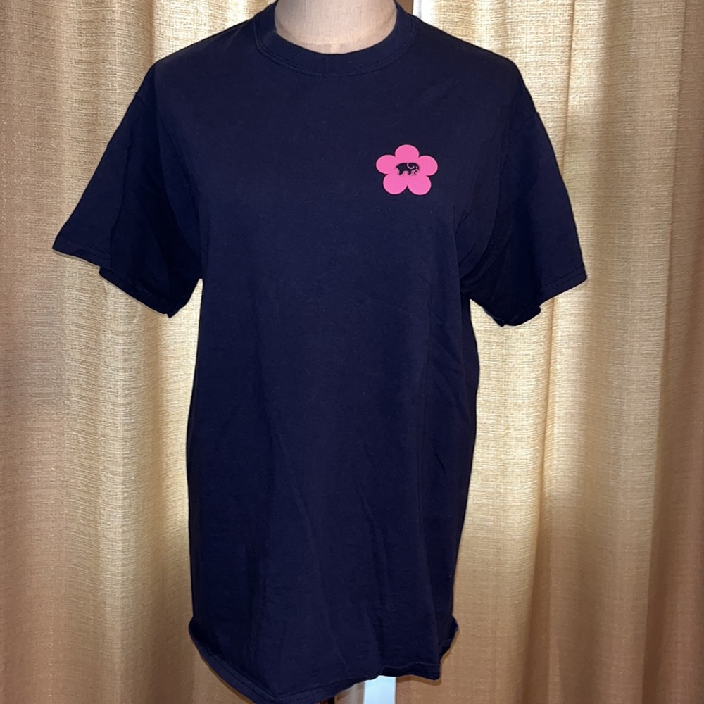 Ivory Ella Navy Blue Short Sleeve Shirt with Rainbow Logo & Flower Womens Medium